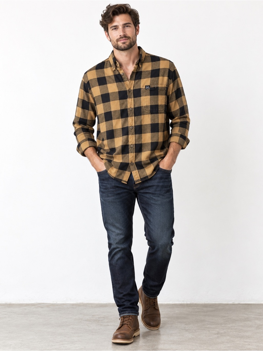RealTree Men’s Black and Tan Buffalo Check Button-Down Shirt